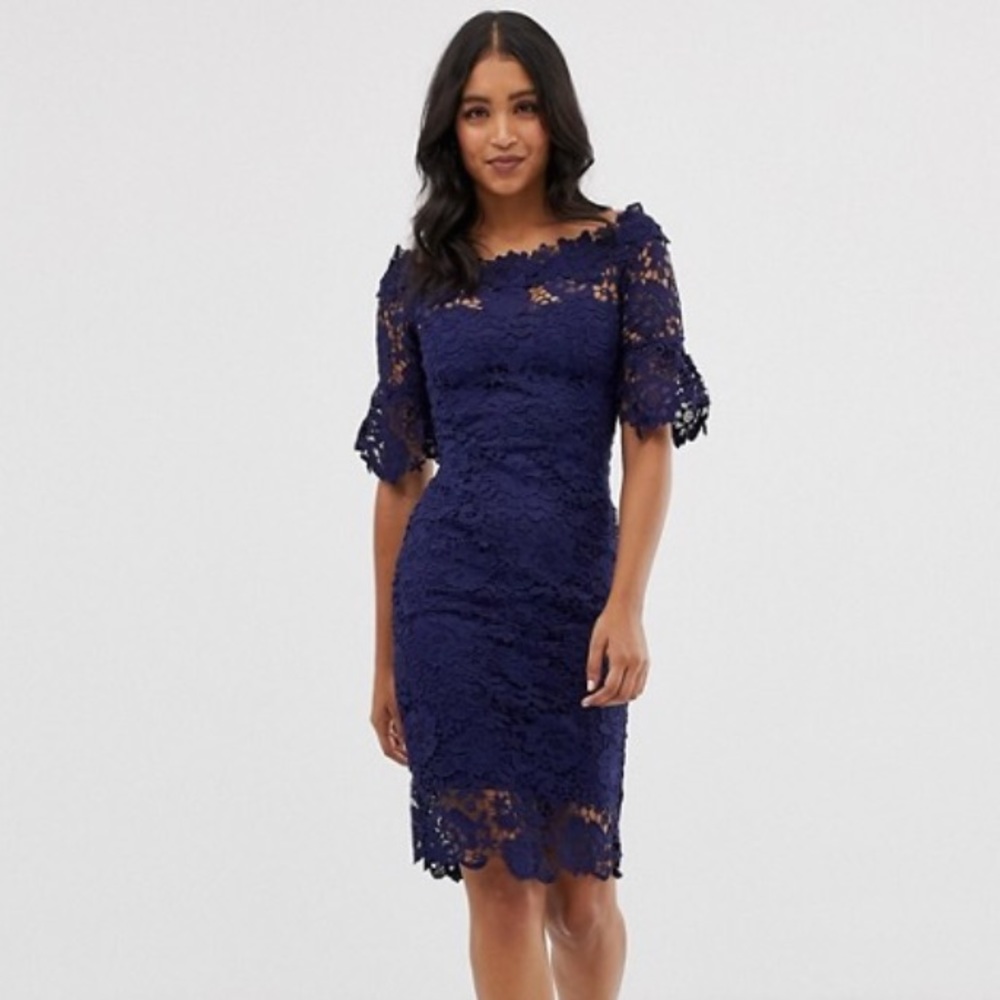Navy Paperdolls Off Shoulder Crochet Dress